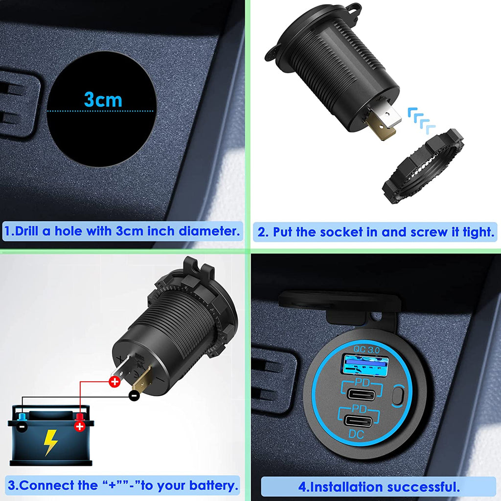USB C Car Charger Socket – Newest 58W Lengthened RV USB Outlet 12V Socket  Dual 20W PD3.0 USB-C and 18W QC3.0 Car USB Port with Button Power Switch  for Boat Marine Motorcycle