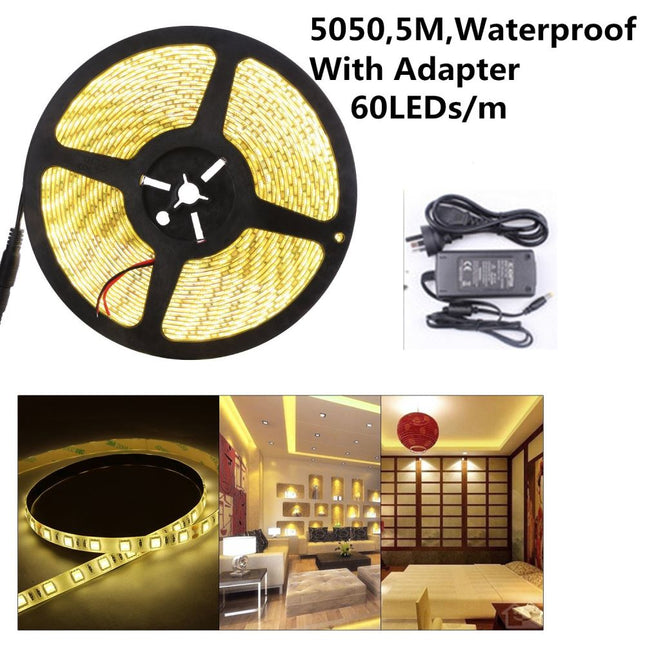 5M Warm White 5050 12V Led Strip Light with Power Adapter - salelink.co.nz