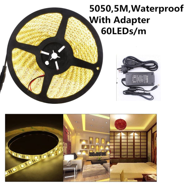 5M Warm White 5050 12V Led Strip Light with Power Adapter