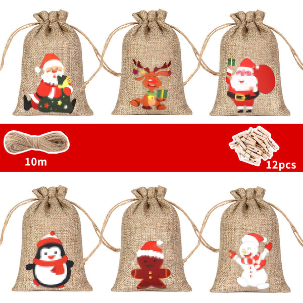 12PCS Christmas Burlap Bags D