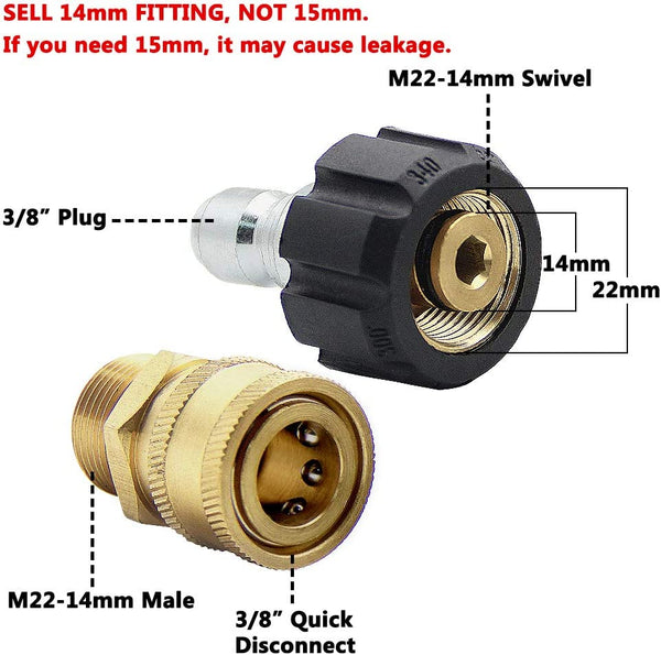 Pressure Washer Adapter Set, Quick Disconnect Kit, M22 Swivel to 3/8'' Quick Connect 3/4