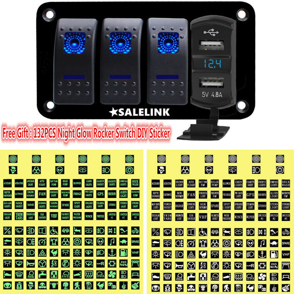 4 Gang Blue LED Rocker Switch Panel With 4.8A USB And DC12V/24V LED Voltmeter