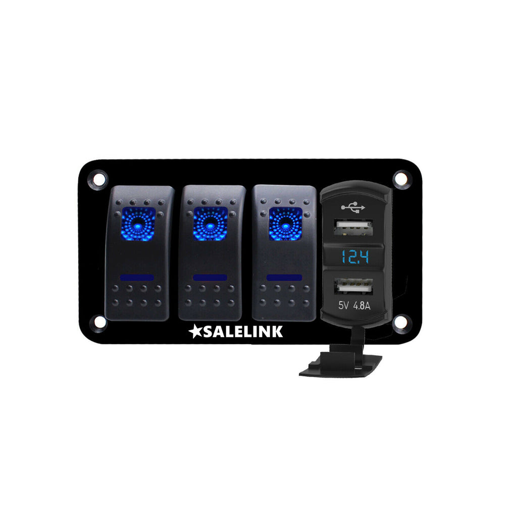 4 Gang Blue LED Rocker Switch Panel With 4.8A USB And DC12V/24V LED Voltmeter