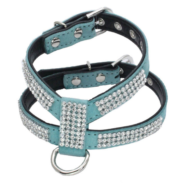 Blue M Size Dog Collar Adjustable Pet Necklace Dog Harness Leash Quick Release Bling Rhinestone