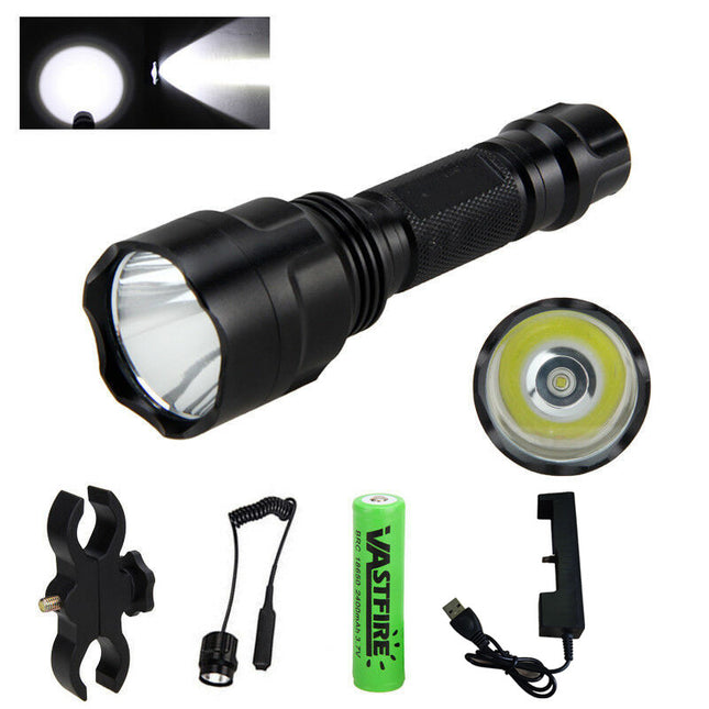 Tactical White Flashlight Hunting Torch Light Camping Lamp Scope Mount - salelink.co.nz