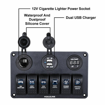 6 Gang LED Rocker Switch Panel Circuit Breakers Charger 12V USB - salelink.co.nz