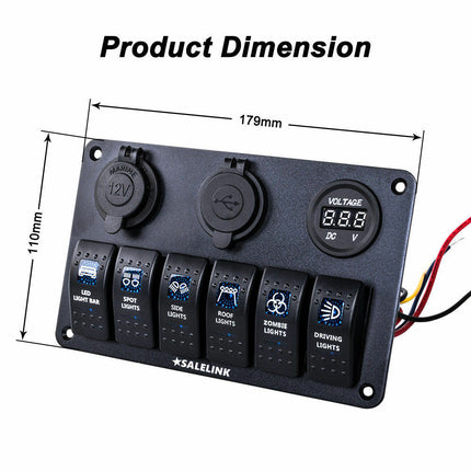 6 Gang LED Rocker Switch Panel Circuit Breakers Charger 12V USB - salelink.co.nz
