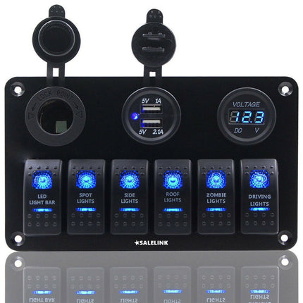6 Gang LED Rocker Switch Panel Circuit Breakers Charger 12V USB - salelink.co.nz