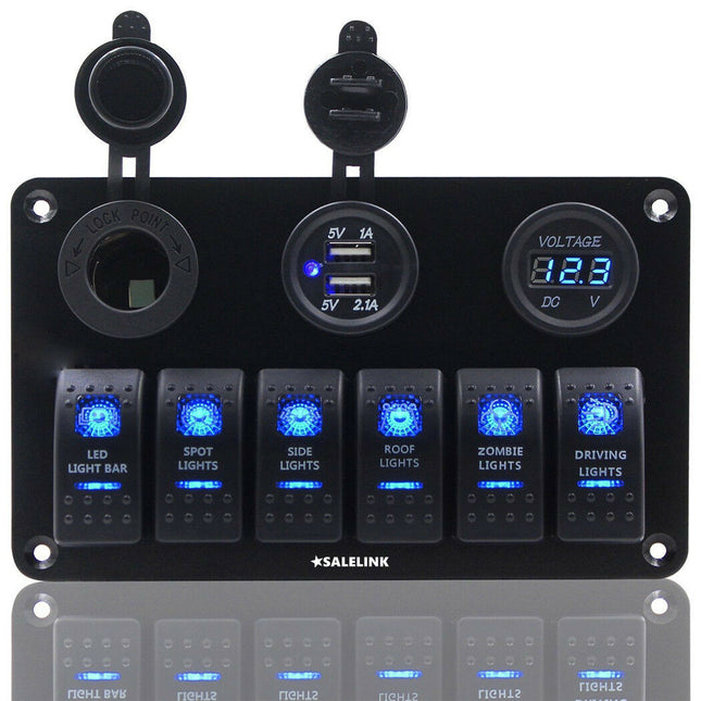 6 Gang LED Rocker Switch Panel Circuit Breakers Charger 12V USB - salelink.co.nz