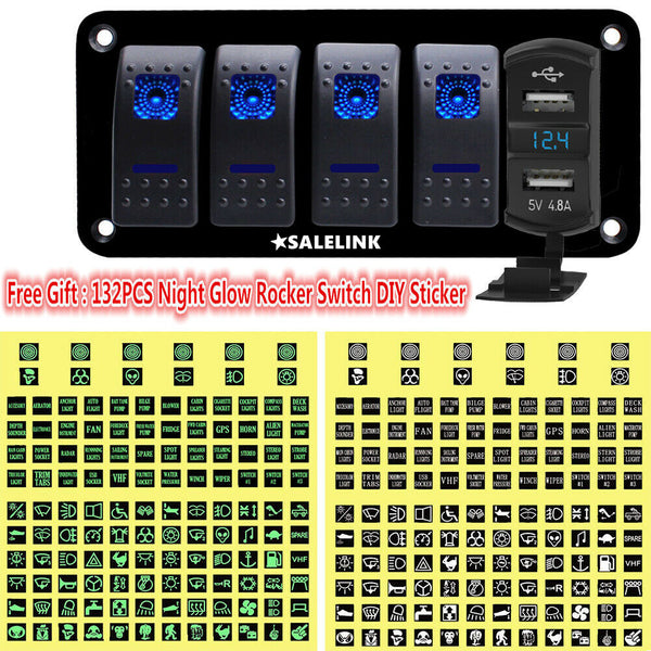 5 Gang Car Rocker Switch Panel Dual USB LED Circuit Breaker Voltage