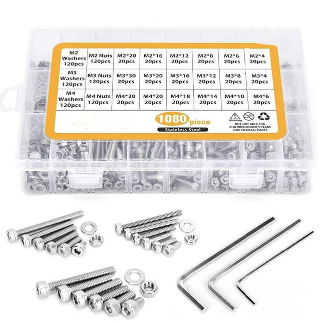 1080Pcs M2 M3 M4 Hex Button Head Socket Screw Stainless Steel - salelink.co.nz