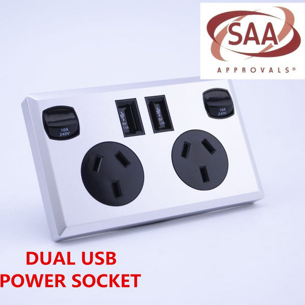 Dual USB Power Point Wall Power Supply Plug Socket Switch