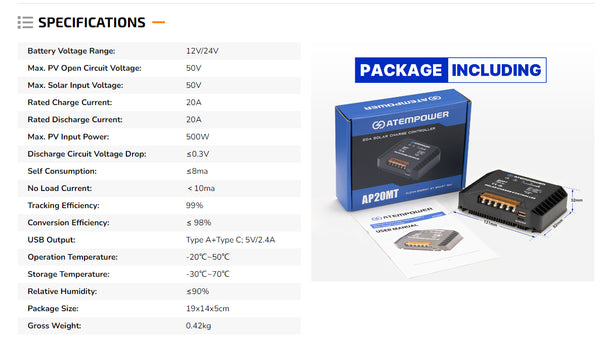 Atem Power 20A MPPT Solar Charge Controller Solar Panel Battery Regulator