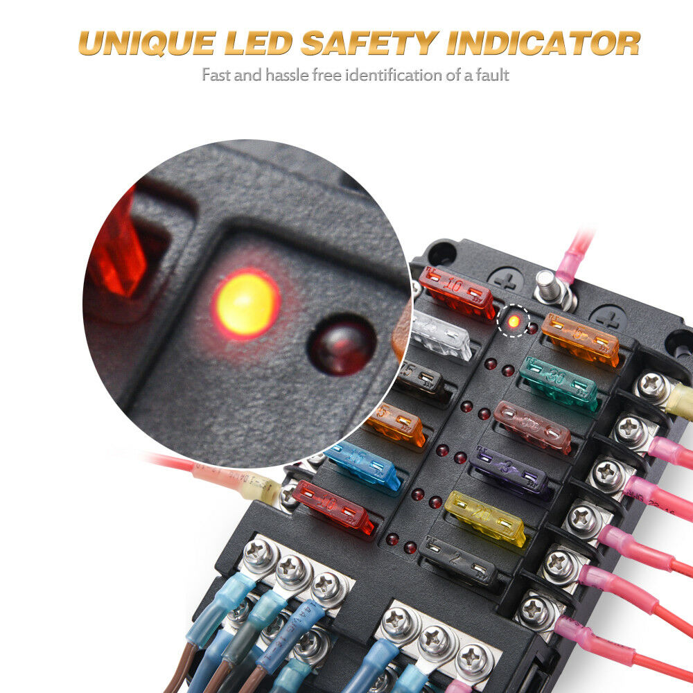 Blade Fuse Box Holder Block LED Indicator IP56 ATC ATO 12-Way 250Amp W– 