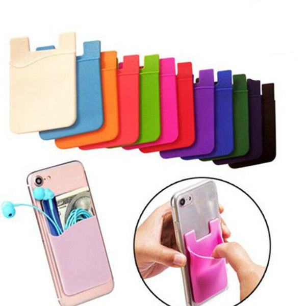 Purple Silicone Card Holder Pocket Case Wallet Pouch Sticker Cellphone Phone