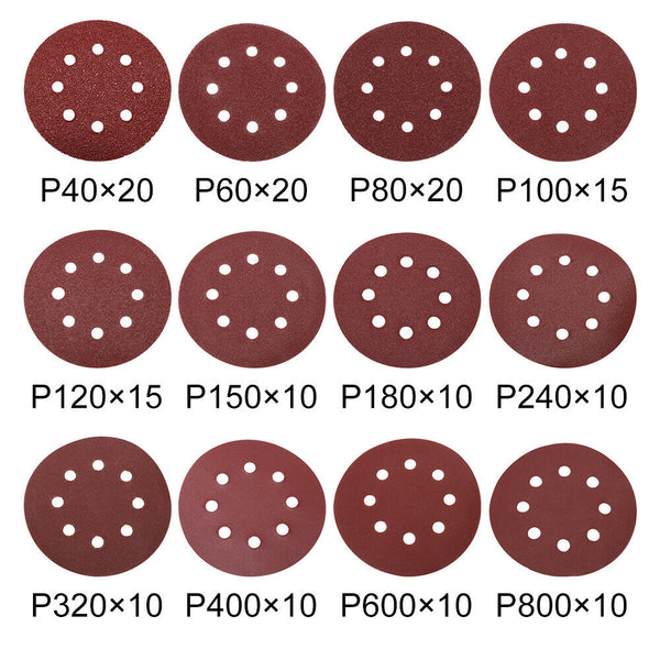160PCS Sanding Discs 40-800 Grit Pads 125mm Hook&Loop 8 Hole Orbital Sandpaper