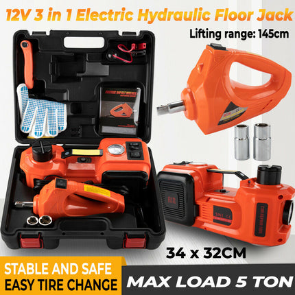 5Ton 12V Car Electric Hydraulic Floor Jack Lift + Impact Wrench Kit Box 3 in 1 - salelink.co.nz