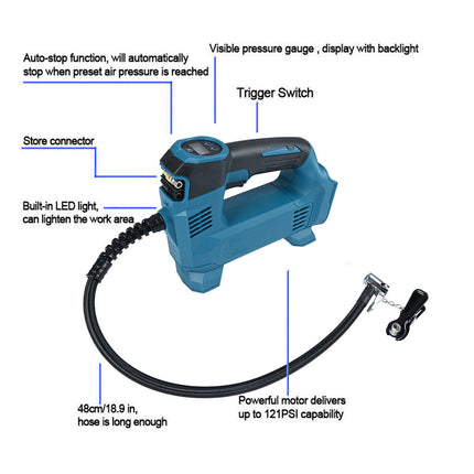 (No Battery)Fits Makita 18V Battery Cordless Car Tyre Inflator Pump LED Inflate Tool